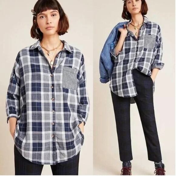 Anthropologie Tops - Anthropologie Pilcro Oversized Bo Boyfriend Plaid Navy Button Down Shirt